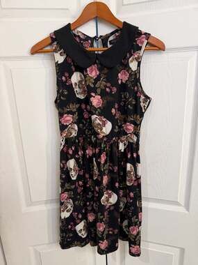 Midnight Hour Skull and Rose Floral Peter Pan Collar Sleeveless Dress Size LG